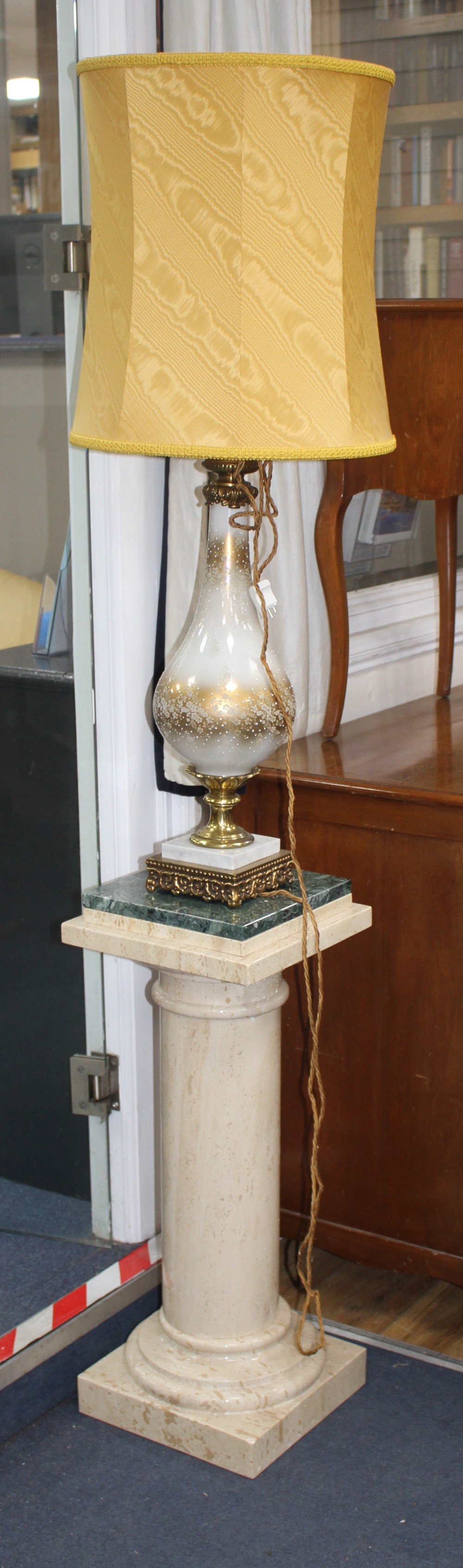 A pair of Venetian style brass mounted jewelled glass table lamps, on reconstituted marble columns, overall H.182cm
